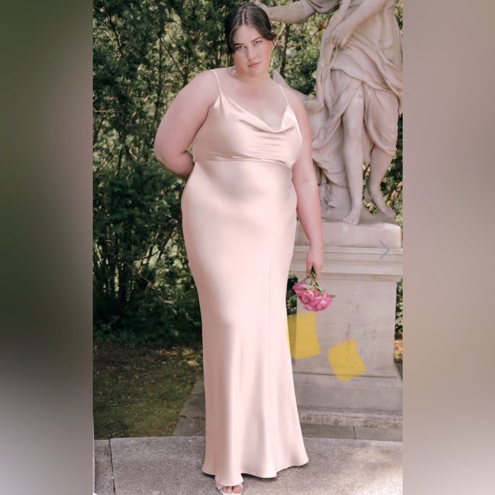 Jenny Yoo Sylvie Satin Cowl Neck Slip Dress in Prosecco, Size 22